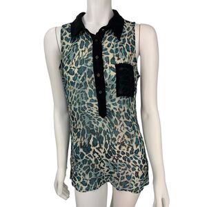 H.I.P. blue leopard high low button up sleeveless tunic size medium